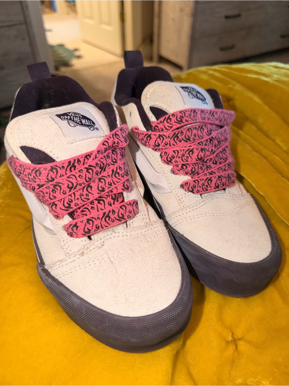 Vans Beige Suede Sneakers with Pink Patterned Laces and Dark Gray Trim